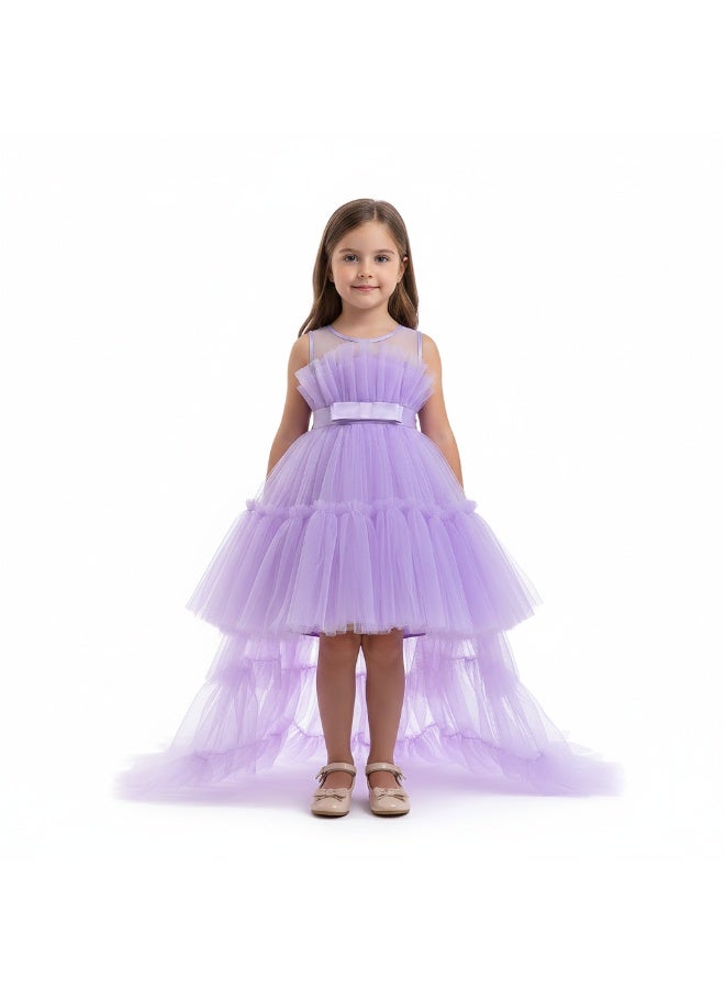 D'Daniela Toddler Girls Bow Front Ruffle Hem Mesh Gown Dress with long tail - Purple - Image 1